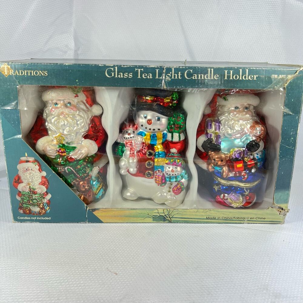 3 pc Traditions Hand Blown Glass Christmas Tea Light Candle Holders Hand Painted
